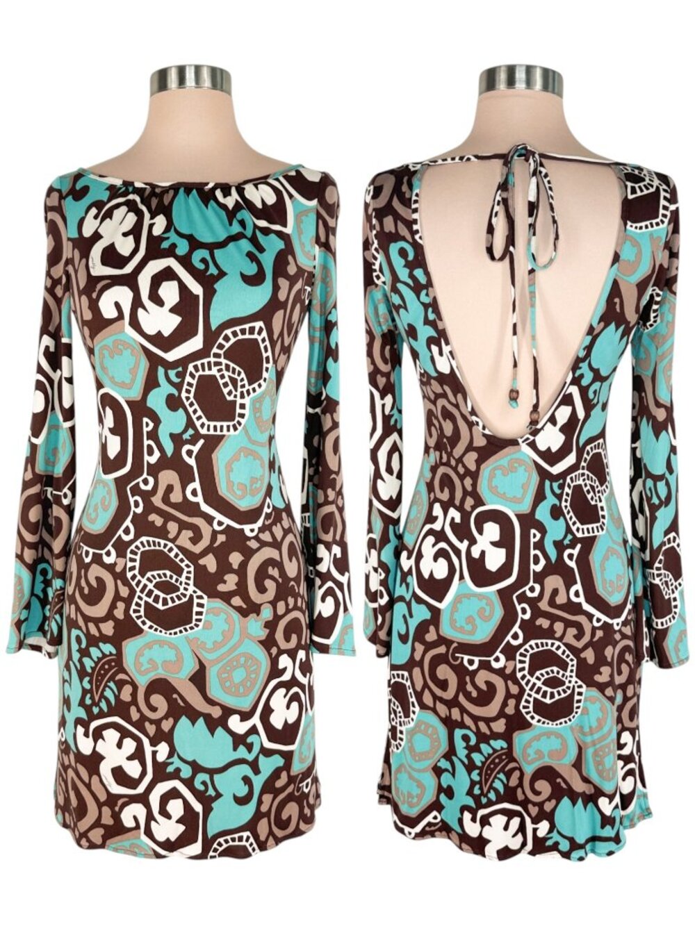 Milly New York Brown Teal White Abstract Pattern Silk Knit Open Back Dress S